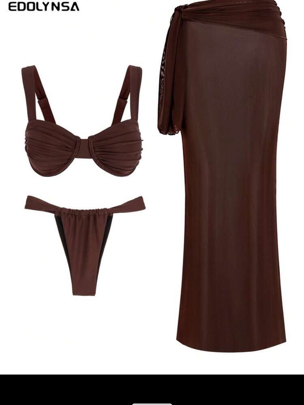 3-Piece Brown Bikini Set with Sarong